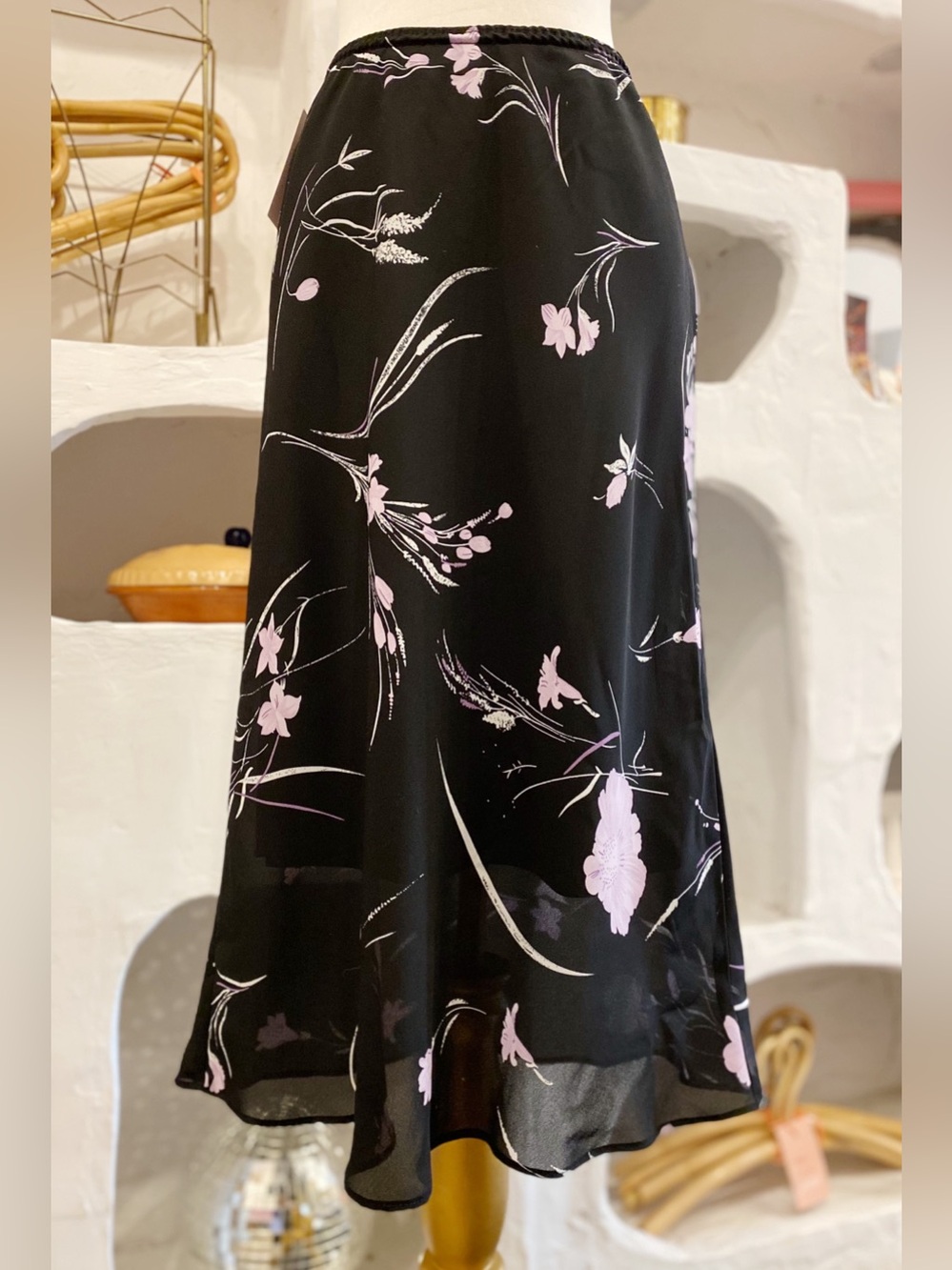Y2K Vintage Black Floral Mesh Stretchy Waist Flowy A-Line Midi Skirt Vintage